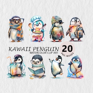 Kawaii lindo pingüino animal clipart acuarela ilustración transparente PNG paquete Scrapbooking camiseta, gorra libre licencia comercial pegatinas