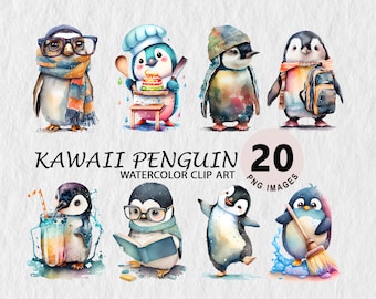 Kawaii Cute Penguin Animal Clipart Watercolor Illustration Transparent PNG Bundle Scrapbooking T-shirt, Cap Free Commercial License Stickers