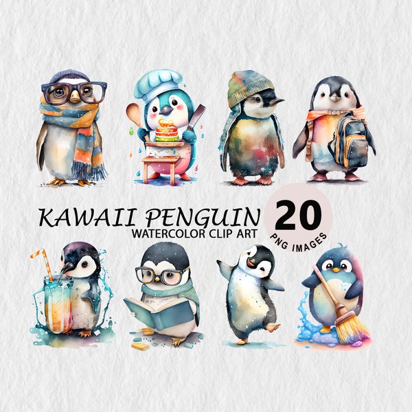 Kawaii Cute Penguin Animal Clipart Watercolor Illustration Transparent PNG Bundle Scrapbooking T-shirt, Cap Free Commercial License Stickers