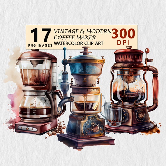 Vintage and Modern Coffee Maker Bundle Watercolor Illustration