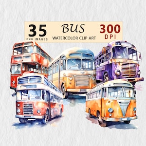 Bus Watercolor Clipart PNG Digital Download Planner Wall ART Downloadable Cute Clip Art Bundle Element Free License Wall Art Stickers