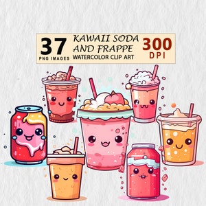 Kawaii Soda und Frappe Aquarell Clipart Digital Art transparente PNG Download Illustration kommerzielle Lizenz Einladung Tshirt Aufkleber