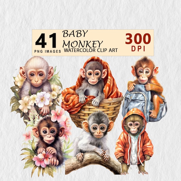 Baby Monkey Watercolor Clipart PNG Nursery Wall Art Scrapbooking Digital Planner Junk Journal Invitation Tshirt Commercial License Stickers