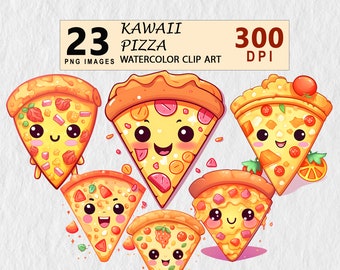 Kawaii Pizza Watercolor Clipart PNG Nursery Wall Art Scrapbooking Digital Planner Junk Journal Invitation Tshirt Commercial License Sticker