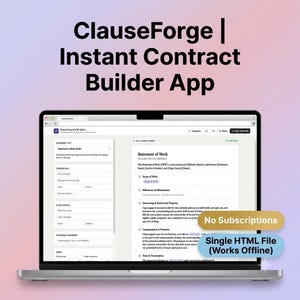Puede incluir: Una pantalla de portátil que muestra la interfaz de la aplicación ClauseForge Instant Contract Builder, con un formulario de declaración de trabajo que incluye campos para datos del cliente, alcance del trabajo y condiciones de pago.