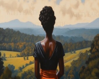 Black Woman In a Red Skirt Looking Over the Horizon | Digital Oil Painting | Afrocentric Art | Black Fine Art | African-American Paintings