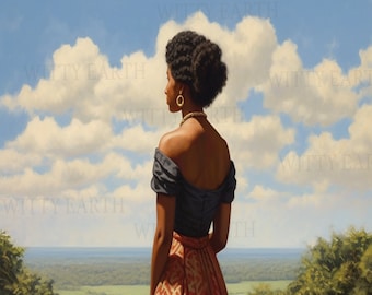 Black Woman Looking Over the Horizon | Serene | Digital Oil Painting | Afrocentric Art | Black Fine Art | African-American Paintings | 010