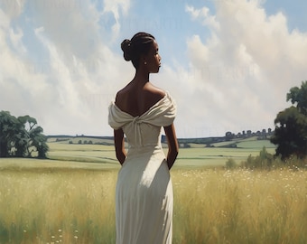 Digital Oil Painting of a Black Woman on a Lush Green Landscape | Afrocentric Art | Serene | Black Fine Art | African-American Paintings