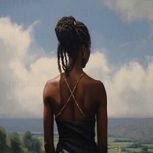 Digital Oil Painting of a Dark Skinned Woman in a Blue Dress | Serene Landscapes | Nature | Vintage | Fine Art | Wall Decor | 008