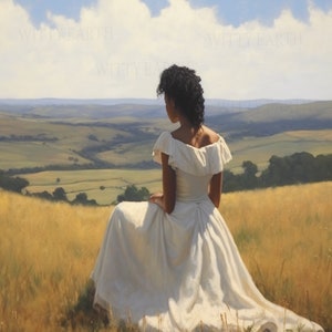 May include: A woman wearing a white dress sits on a grassy hill, gazing out at a rolling landscape. The sky is blue with white clouds.