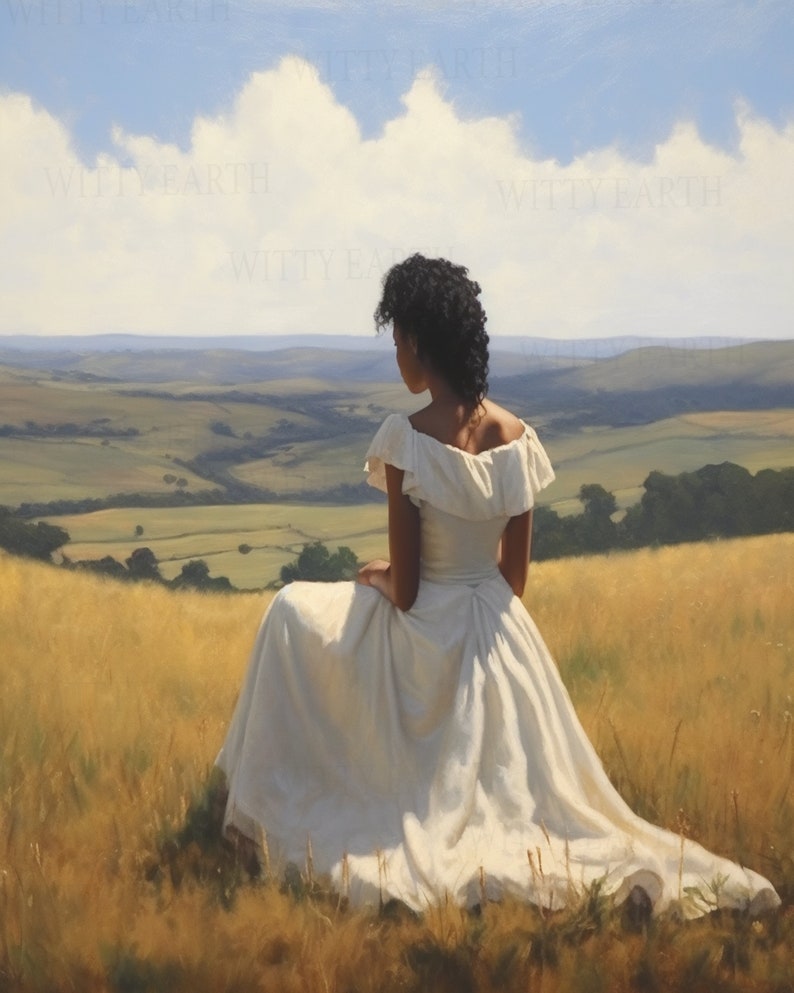 May include: A woman wearing a white dress sits on a grassy hill, gazing out at a rolling landscape. The sky is blue with white clouds.