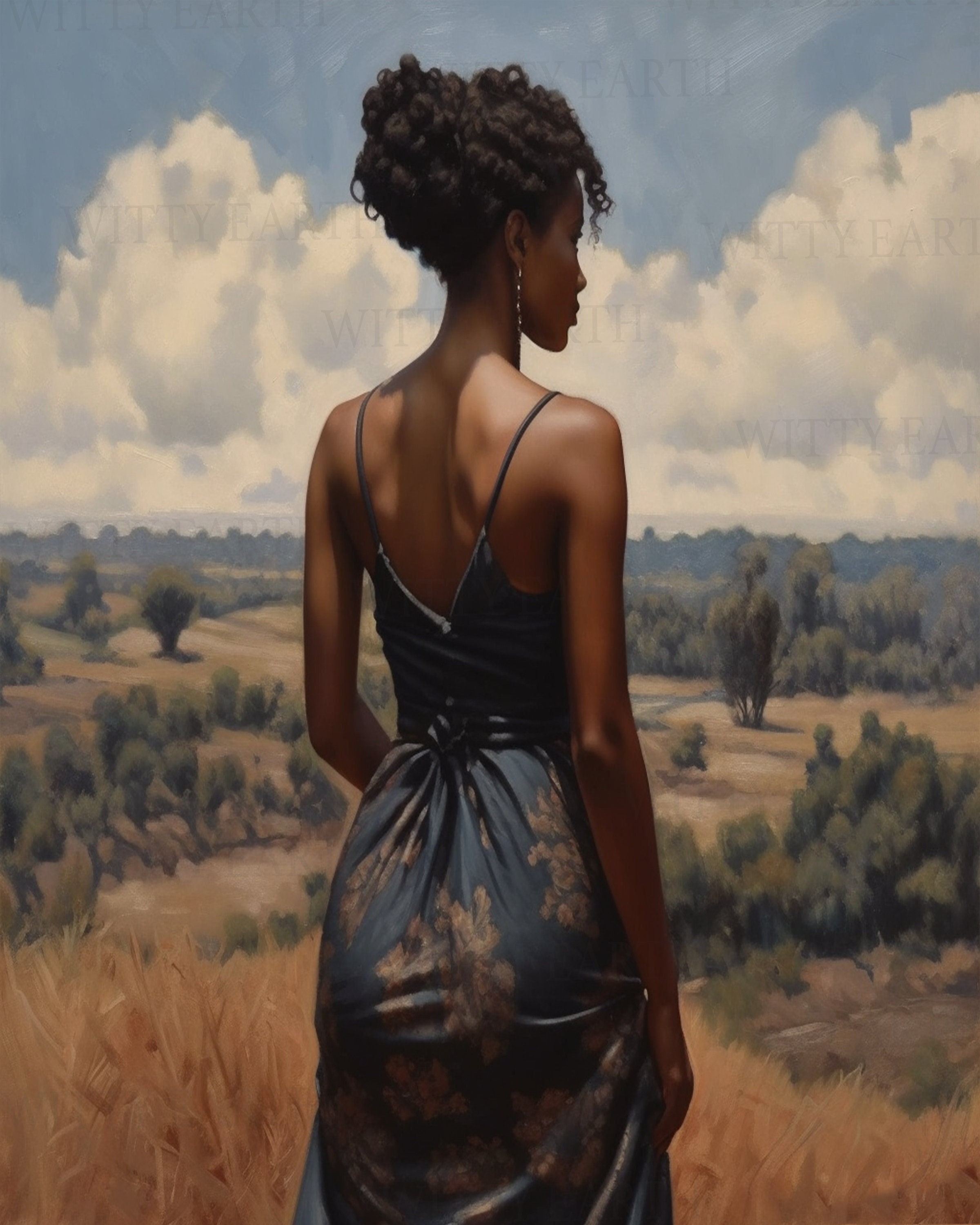 Digital Oil Painting of a Black Woman in a Print Blue Dress | Serene ...