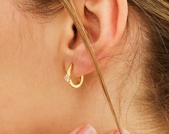 Diamond Huggie Earrings / Minimalist Earrings by LouWe Jewelry / Hoop Earrings Hoops