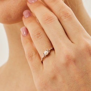 14K Gold Diamond Engagement Ring, Promise Ring, Pearl Engagement Ring, Gold Engagement Rings for Women Engagement, Dainty Minimalist Ring image 5