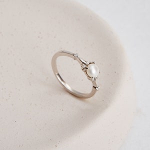14K Gold Diamond Engagement Ring, Promise Ring, Pearl Engagement Ring, Gold Engagement Rings for Women Engagement, Dainty Minimalist Ring image 3