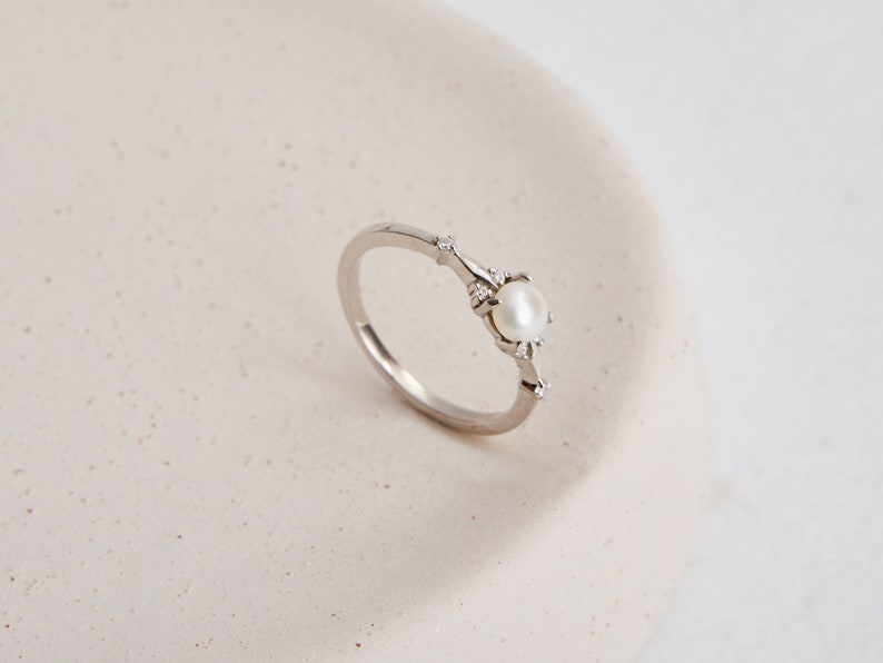 14K Gold Diamond Engagement Ring, Promise Ring, Pearl Engagement Ring, Gold Engagement Rings for Women Engagement, Dainty Minimalist Ring image 3