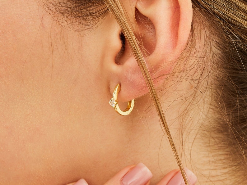 Diamond Huggie Earrings / Minimalist Earrings by LouWe Jewelry / Hoop Earrings Hoops image 1