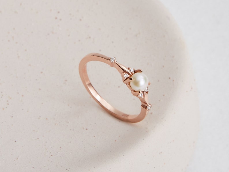 14K Gold Diamond Engagement Ring, Promise Ring, Pearl Engagement Ring, Gold Engagement Rings for Women Engagement, Dainty Minimalist Ring image 2