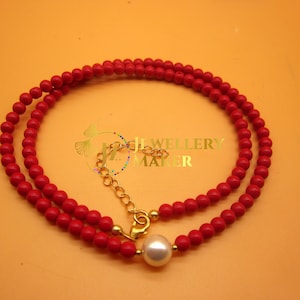 925 Sterling Silver - Red Coral, Pearl Gemstone Beaded Necklace - Gold Plated Jewelry - Handmade Jewelry - Christmas Gift, New Year Gift