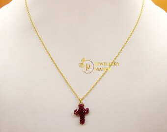 Garnet Beaded Gemstone Gold Plated Cross 925 Sterling Silver Jewelry Set - Spiritual Elegance, Halloween Gift