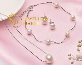 925 Sterling Silver, Pearl Gemstone Jewelry Set, Handmade Jewelry, Anniversary Gift, Christmas Gift, Wedding Gift
