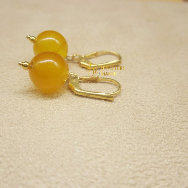 Natural Yellow Jade Gemstone Earrings - Solid 925 Sterling Silver - Gold Plated Handmade Jewelry - Mother's Day Gift - Bridal Gift