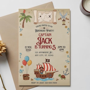 Invitación de cumpleaños pirata, cumpleaños con mapa del tesoro, cumpleaños con mapa pirata, invitación a fiesta pirata para niños, Ahoy, invitación pirata amable, Canva DIY.