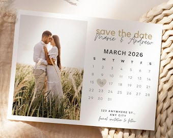 写真付きミニマリストSave The Dateカレンダーテンプレート | Boho Save The Dateデジタルダウンロード | モダンなSave The Dateテンプレート | Canva編集可能