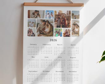 編集可能な写真カレンダーテンプレート、2026年、1ページ、写真壁掛けカレンダー、カスタム写真カレンダー、家族写真カレンダー、ドラッグ＆ドロップカレンダー