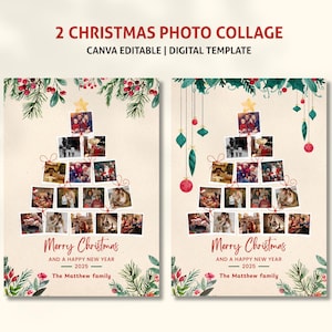 Puede incluir: Dos plantillas de collage de fotos navideñas. Cada plantilla presenta una forma de árbol de Navidad hecha de fotos enmarcadas. El texto "Merry Christmas and a Happy New Year 2025" se muestra debajo del árbol, junto con "The Matthew family". La parte superior de las plantillas tiene decoraciones navideñas.