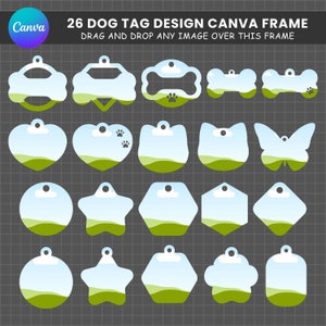 Imágenes prediseñadas de hueso de perro, haga su propia etiqueta de perro en CANVA con fácil arrastre, collar de mascota rellenable, paquete de plantillas de marco de Canva editables con caída, hueso de perro PNG