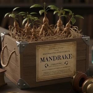 Könnte beinhalten: Eine Holzkiste mit der Aufschrift "Mandrake" enthält mehrere kleine Pflanzen mit menschenähnlichen Wurzelfiguren und grünen Blättern. Die Kiste steht auf einem Holztisch mit einer Lupe, Kopfhörern und kleinen Glasflaschen. Eine brennende Kerze ist im Hintergrund.