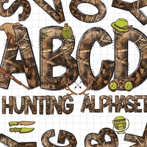 Letras del alfabeto en formato PNG con garabatos de caza de camuflaje, camuflaje militar, letras del ejército, garabatos dibujados a mano, diseños de conjuntos de sublimación alfa PNG