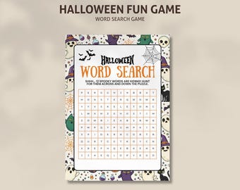May include: A Halloween-themed word search game. The game features a grid of letters with the words "Halloween Word Search" at the top. The background is decorated with ghosts, bats, and other spooky elements. The text says "SHHH... 12 spooky words are hiding! Hunt for them across and down the puzzle."