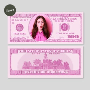 100 Dollar Bill Vorlage, Custom Game Party Spielgeld, fügen Sie Ihren Text & Face on Geld hinzu, bearbeitbare druckbare Pink Hundred Dollar Bucks
