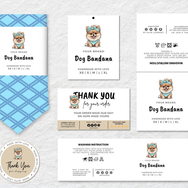 Bewerkbare hond bandana labelsjabloon, DIY huisdier bandana hang tag, vouw over tag, wikkellabel, handgemaakte items, afdrukbare Canva PDF-bestanden