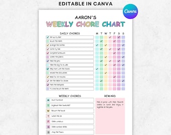 Editable Chore Chart for Kids, Kids Chore List, Printable | Kids Daily Weekly Responsibility Chart, Kids Daily Routine Checklist PDF.