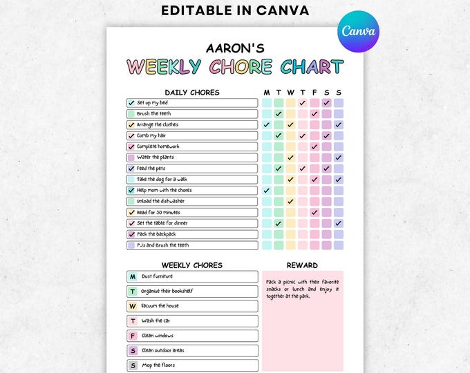 Editable Chore Chart for Kids | Printable | Kids Daily Weekly ...