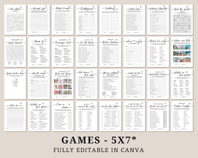 Bridal Shower Game Bundle, Minimalist Bridal Shower Games, Modern Bridal Shower Games Canva Edit, minimal shower games, bridal games bundle.