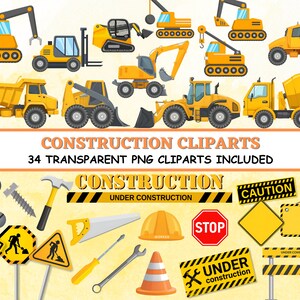 CONSTRUCTION Clipart and Papers Kit, tractor crane cone bulldozer tools hammer screwdriver, construction clipart Png, orange black papers