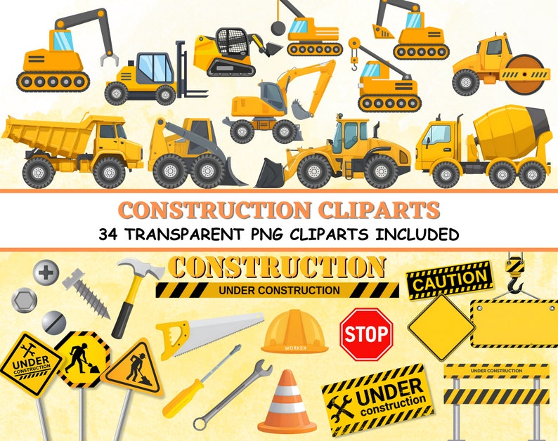 CONSTRUCTION Clipart and Papers Kit, tractor crane cone bulldozer tools hammer screwdriver, construction clipart Png, orange black papers