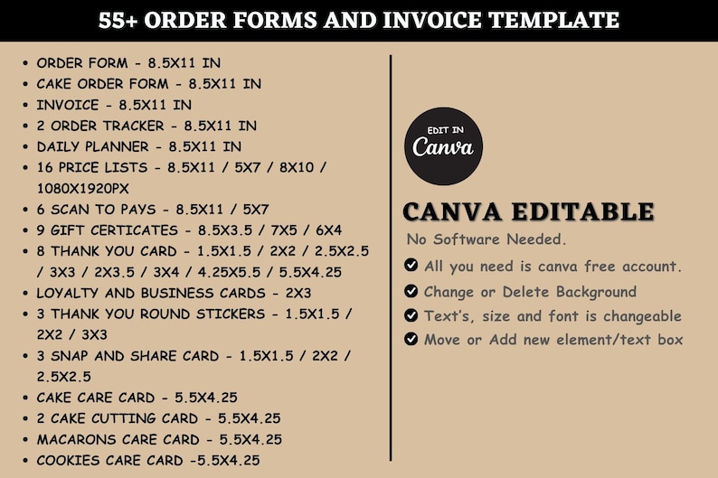 Cookie Order Form | Bakery Order Form | Bakery Business Forms | Care Instructions | Cake Business Cards | Price List | Daily Planner | Canva