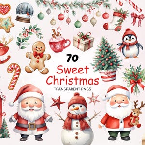 Sweet Christmas Clipart Bundle, Watercolor Christmas Clipart PNG, New year clipart, Cute Santas Village Clipart, North Pole, Reindeer.