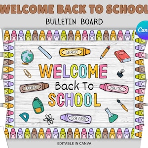 Welcome Back to School Bulletin Board, Bulletin Board Kit, Back to School Bulletin Board, welcome bulletin board, colorful crayons, Canva.