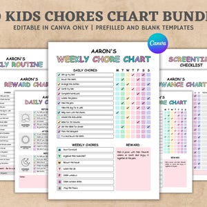 Editable Kids Chore Charts, Chore Chart for Kids, Kids Chore List, Kids Daily Weekly Responsibility Chart, Kids Daily Routine Checklist PDF.