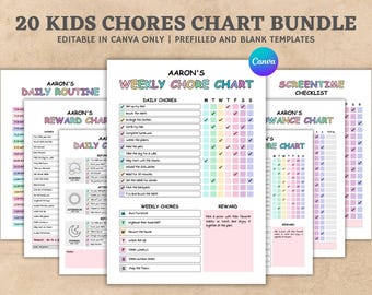 Editable Kids Chore Charts, Chore Chart for Kids, Kids Chore List, Kids Daily Weekly Responsibility Chart, Kids Daily Routine Checklist PDF.