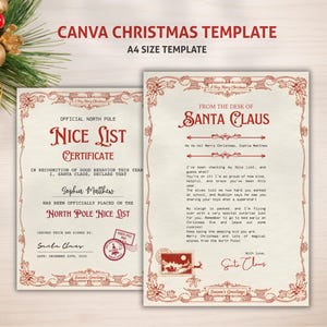 May include: A Canva Christmas template featuring two beige A4-sized documents with red decorative borders. One is a "Nice List Certificate" from Santa Claus, and the other is a letter from Santa. The text is in a festive, handwritten style.