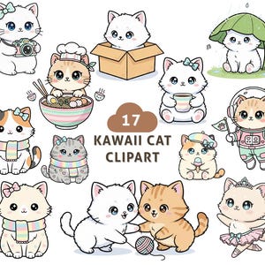 以下が含まれることがあります： 17匹の可愛い猫のクリップアート画像のコレクション。猫は、カメラを持ったり、箱に入ったり、傘の下にいたり、コック帽をかぶったりするなど、さまざまなポーズで描かれています。猫の色は、白、オレンジ、グレーなど様々です。