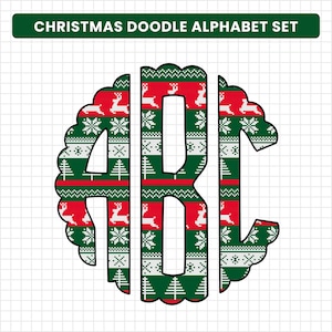 May include: A set of three Christmas-themed letters, A, B, and C, in a circle. The letters are made of a red and green knit pattern with white snowflakes, reindeer, and Christmas trees.