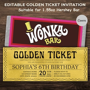 Golden Ticket Invitation, Printable Template, Willy Wonka Birthday Invitation, Wonka Bar Wrapper Included, Fits Hershey Chocolate wrapper.